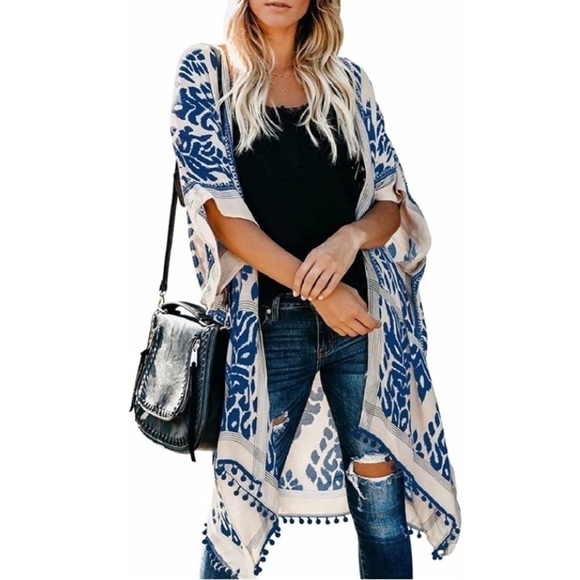 New Navy Blue Kimono Swimsuit Beach Summer Cover Swimwear Cardigan Dress boho - Picture 2 of 8